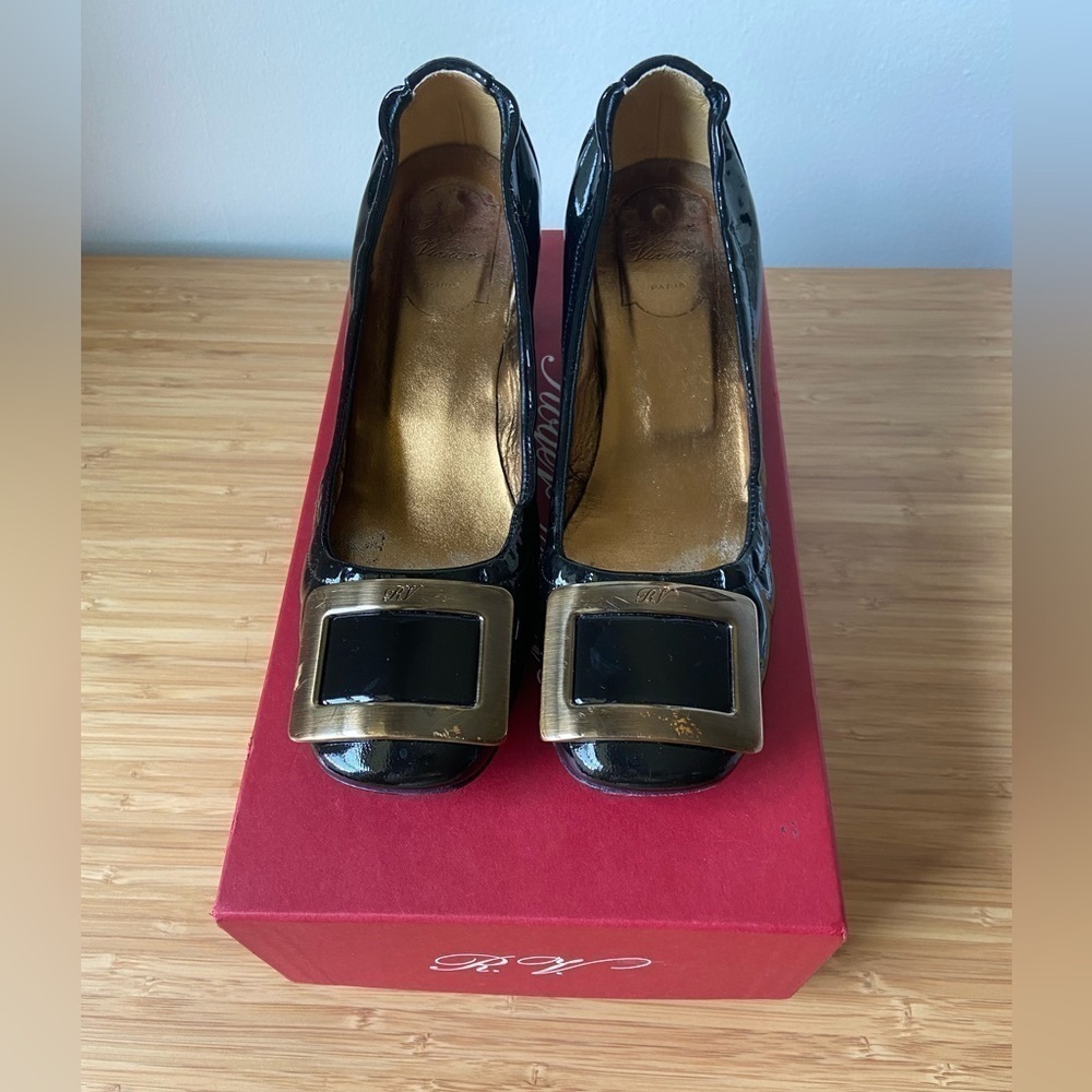 Roger Vivier Belle Metal Buckle Black Patent Leather Classic Formal Block Heels